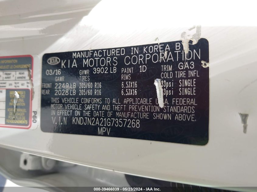 2016 Kia Soul VIN: KNDJN2A21G7357268 Lot: 39466039