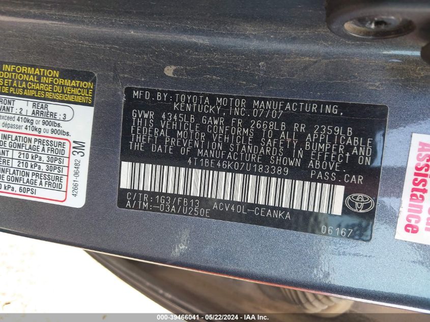 2007 Toyota Camry Le VIN: 4T1BE46K07U183389 Lot: 39466041