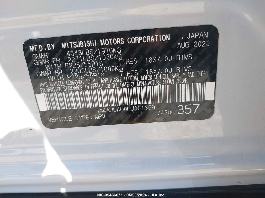 2024 Mitsubishi Outlander Sport 2.0 Es Awc VIN: JA4ARUAU0RU001359 Lot: 39466071