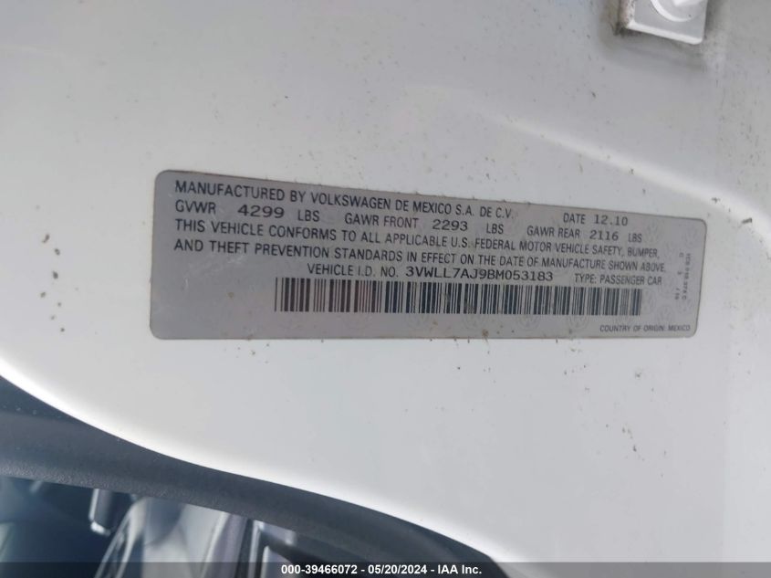 2011 Volkswagen Jetta 2.0L Tdi VIN: 3VWLL7AJ9BM053183 Lot: 39466072