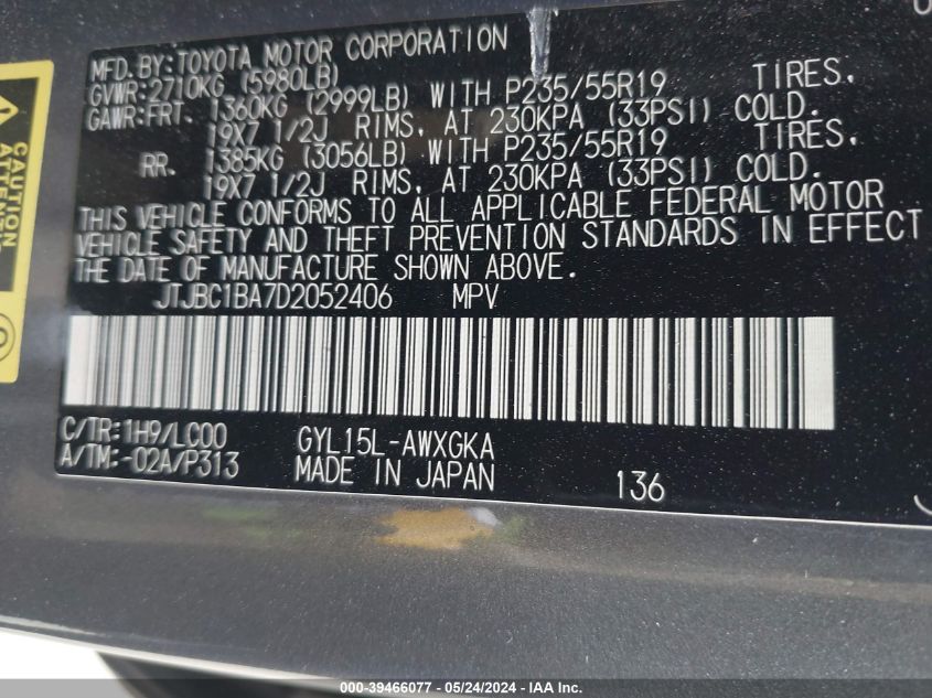 2013 Lexus Rx 450H VIN: JTJBC1BA7D2052406 Lot: 39466077