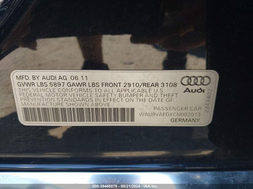 2012 Audi A8 L 4.2 VIN: WAURVAFDXCN002013 Lot: 39466078