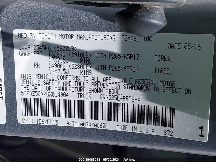 2016 Toyota Tacoma Trd Sport VIN: 5TFAZ5CN2GX014904 Lot: 39466083