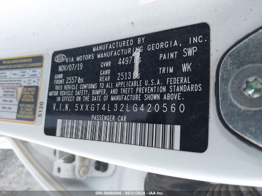 2020 Kia Optima Lx VIN: 5XXGT4L32LG420560 Lot: 39466086