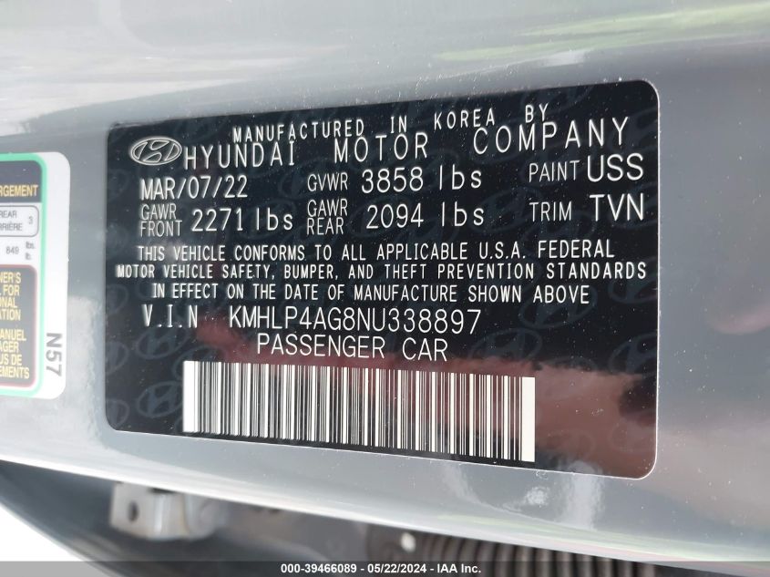 KMHLP4AG8NU338897 2022 Hyundai Elantra Limited