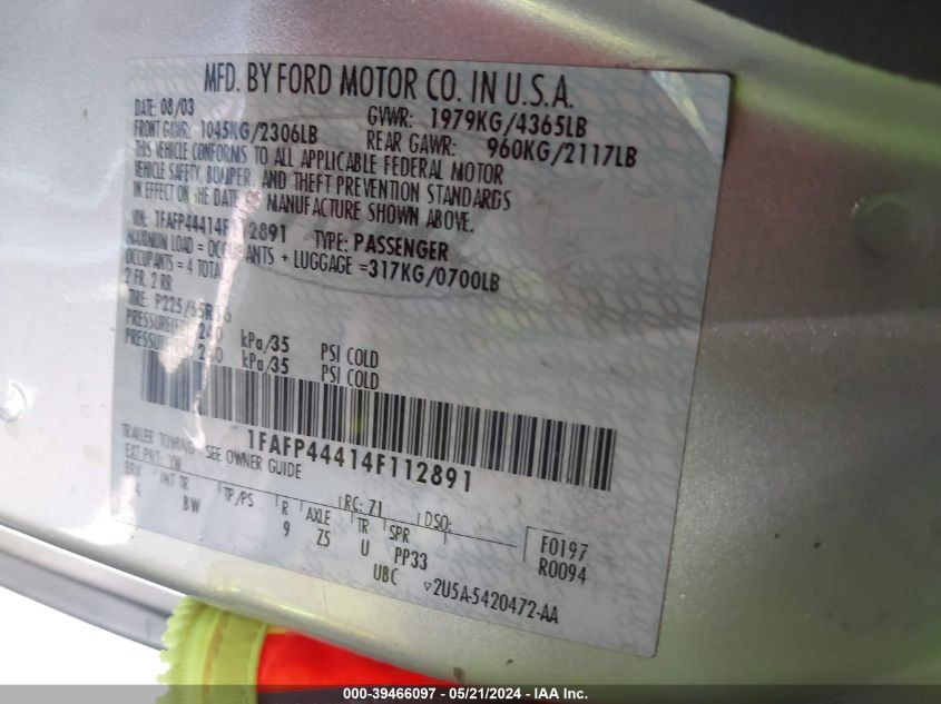 2004 Ford Mustang VIN: 1FAFP44414F112891 Lot: 39466097