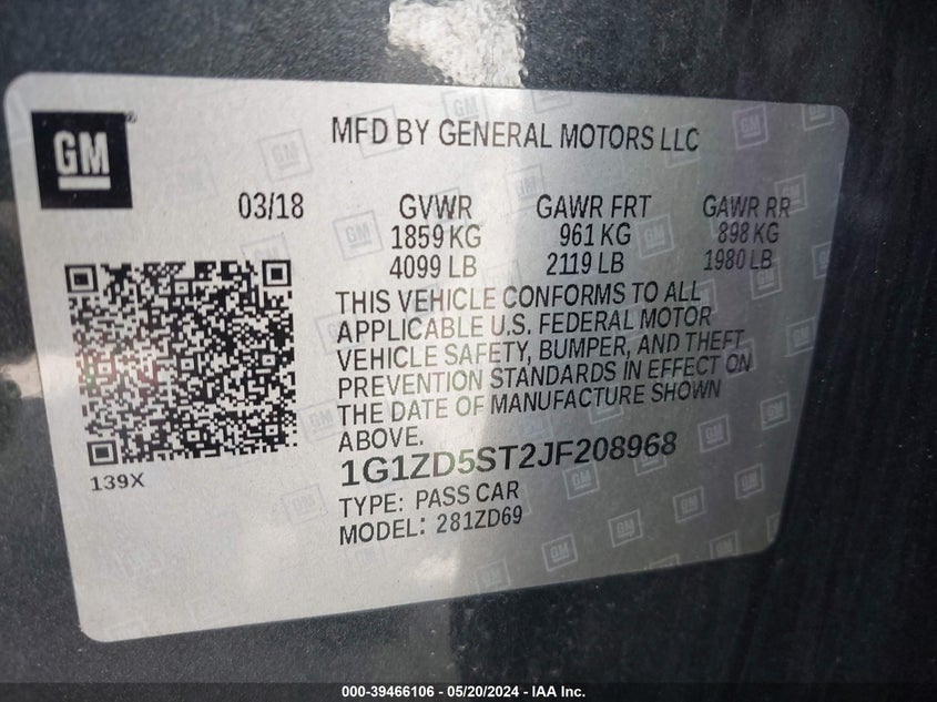 2018 Chevrolet Malibu Lt VIN: 1G1ZD5ST2JF208968 Lot: 39466106