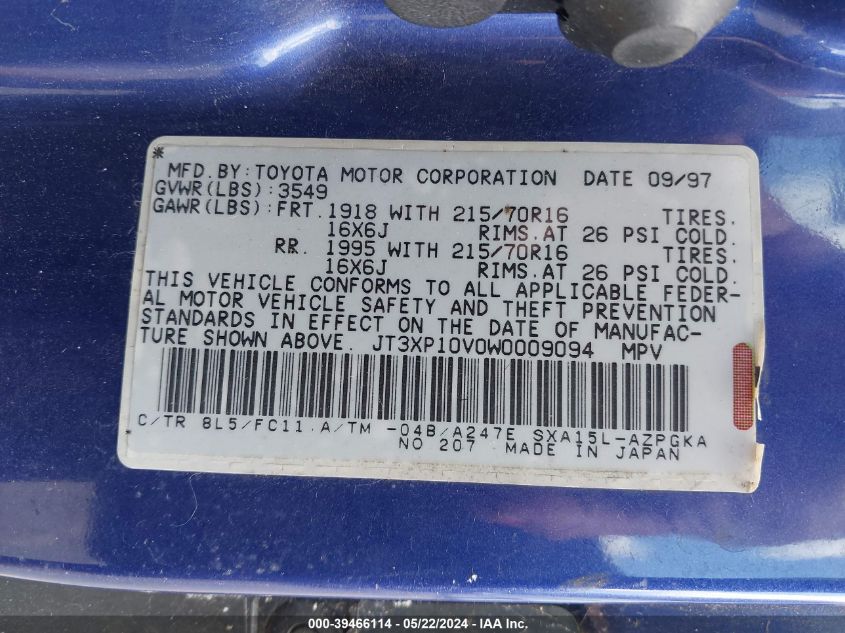 1998 Toyota Rav4 Hardtop VIN: JT3XP10V0W0009094 Lot: 39466114