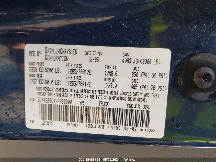2007 Dodge Ram 2500 Slt/Sport VIN: 3D7KS28C47G762000 Lot: 39466121