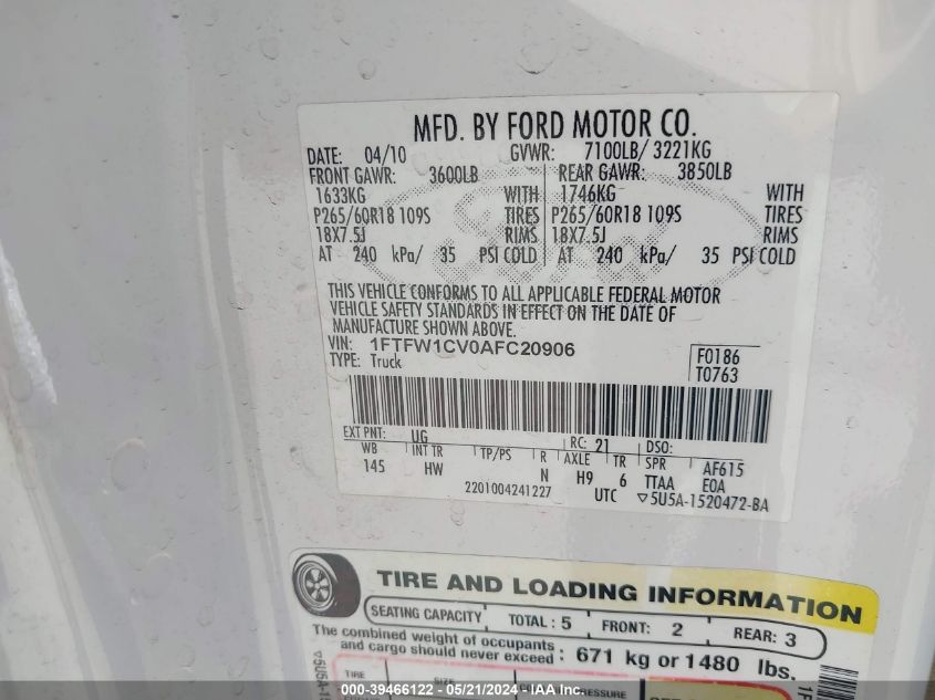 2010 Ford F-150 Platinum VIN: 1FTFW1CV0AFC20906 Lot: 39466122