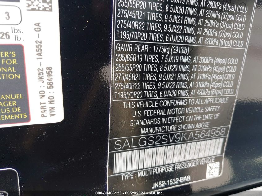 2019 Land Rover Range Rover Hse VIN: SALGS2SV9KA564958 Lot: 39466123