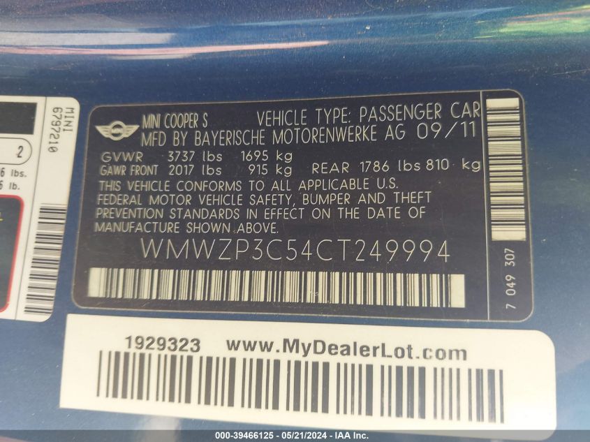 2012 Mini Cooper S VIN: WMWZP3C54CT249994 Lot: 39466125