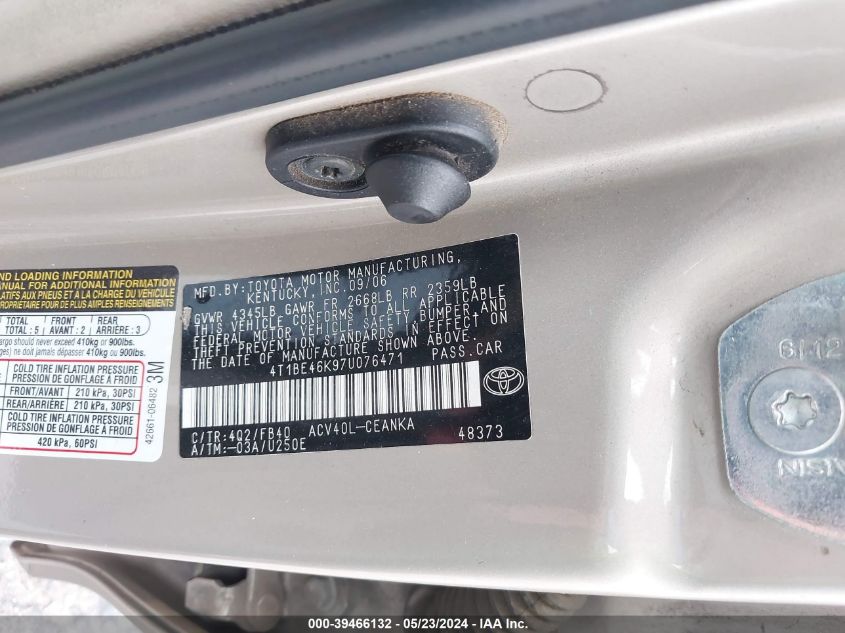 2007 Toyota Camry Le VIN: 4T1BE46K97U076471 Lot: 39466132