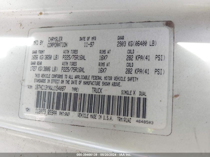 1998 Dodge Ram 1500 VIN: 1B7HC13YXWJ154087 Lot: 39466139