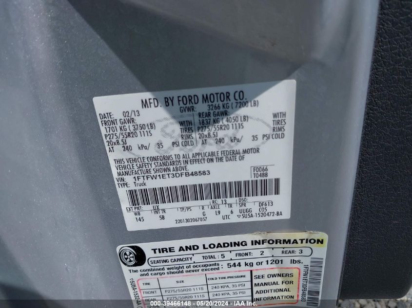 2013 Ford F-150 Fx4 VIN: 1FTFW1ET3DFB48583 Lot: 39466148