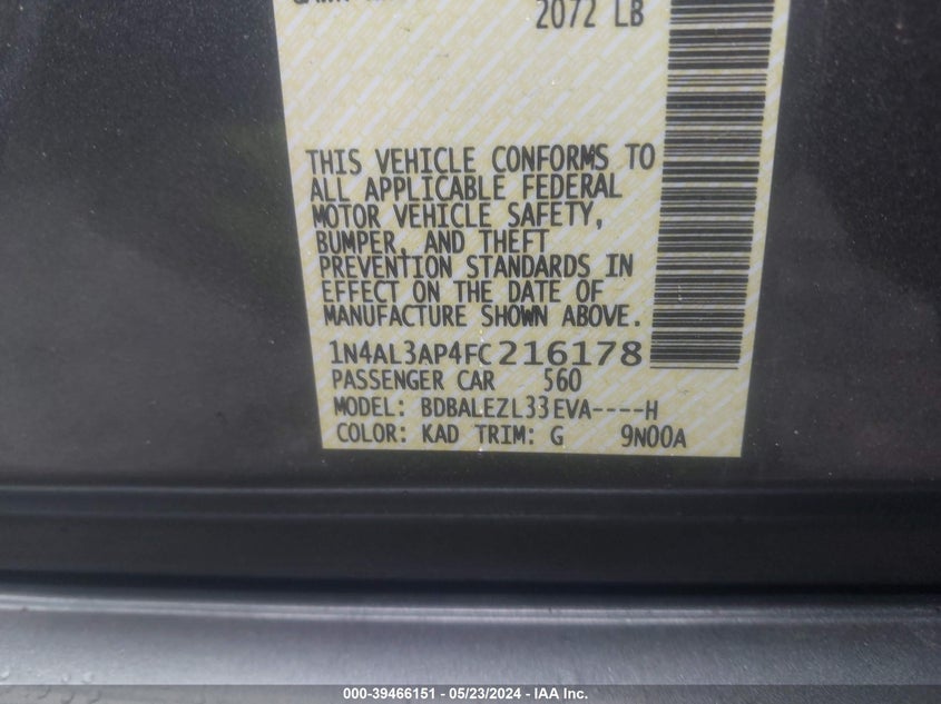 2015 Nissan Altima 2.5 S VIN: 1N4AL3AP4FC216178 Lot: 39466151