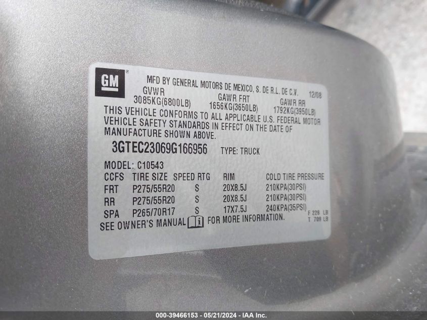 2009 GMC Sierra 1500 Sle VIN: 3GTEC23069G166956 Lot: 39466153