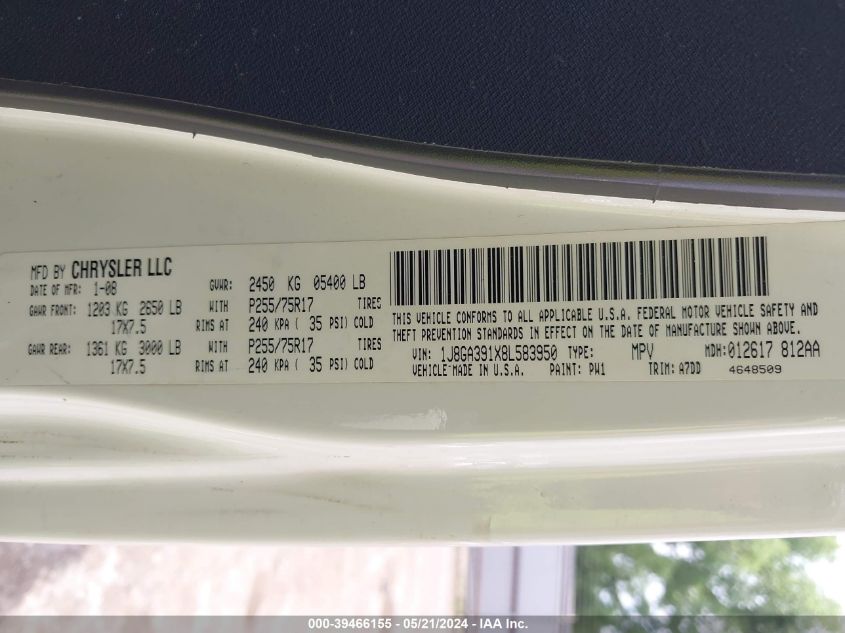 2008 Jeep Wrangler Unlimited X VIN: 1J8GA391X8L583950 Lot: 39466155