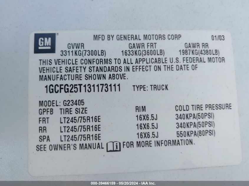 2003 Chevrolet Express VIN: 1GCFG25T131173111 Lot: 39466159