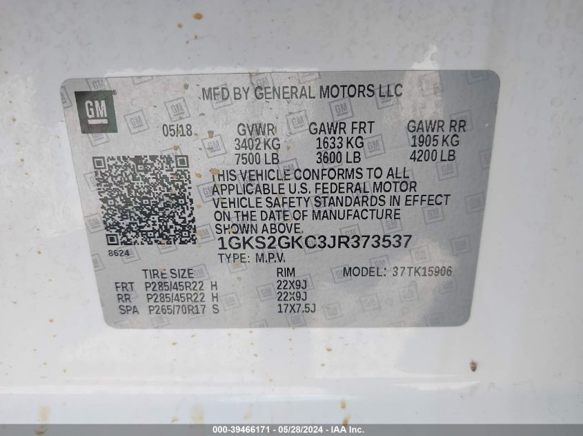 2018 GMC Yukon Xl Slt VIN: 1GKS2GKC3JR373537 Lot: 39466171