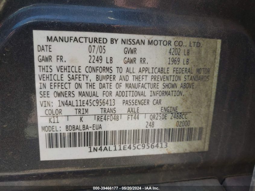 2005 Nissan Altima 2.5 S VIN: 1N4AL11E45C956413 Lot: 39466177