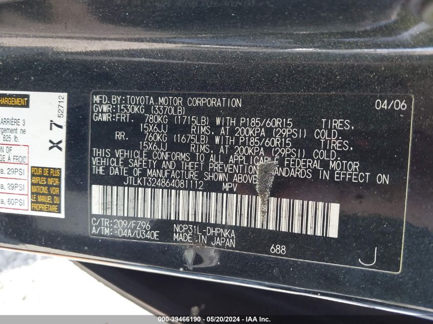 2006 Scion Xb Xb VIN: JTLKT324864081112 Lot: 39466190