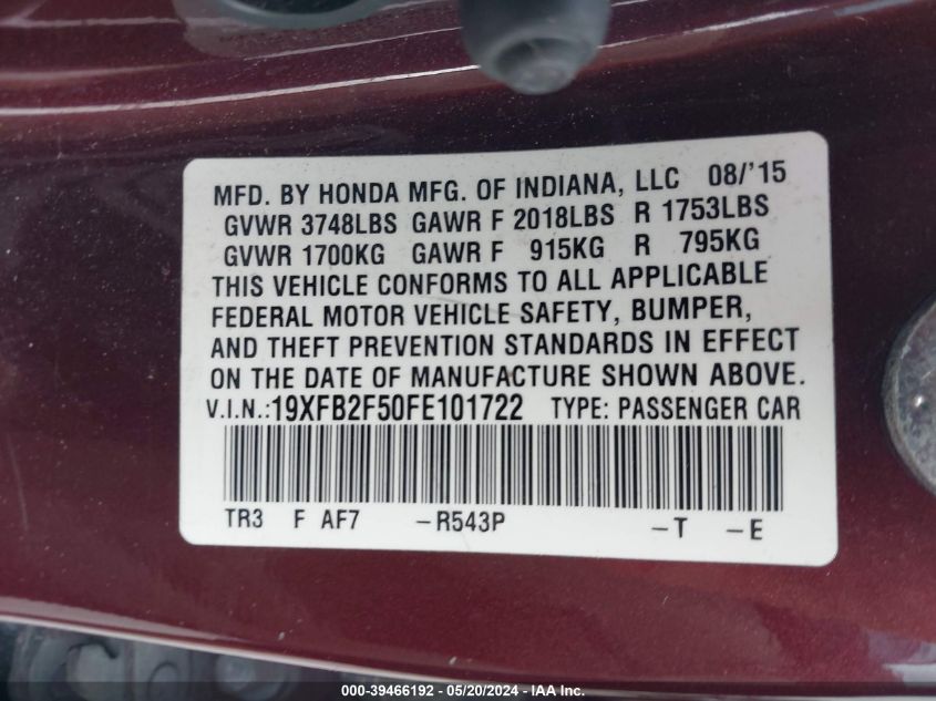 2015 Honda Civic Lx VIN: 19XFB2F50FE101722 Lot: 39466192