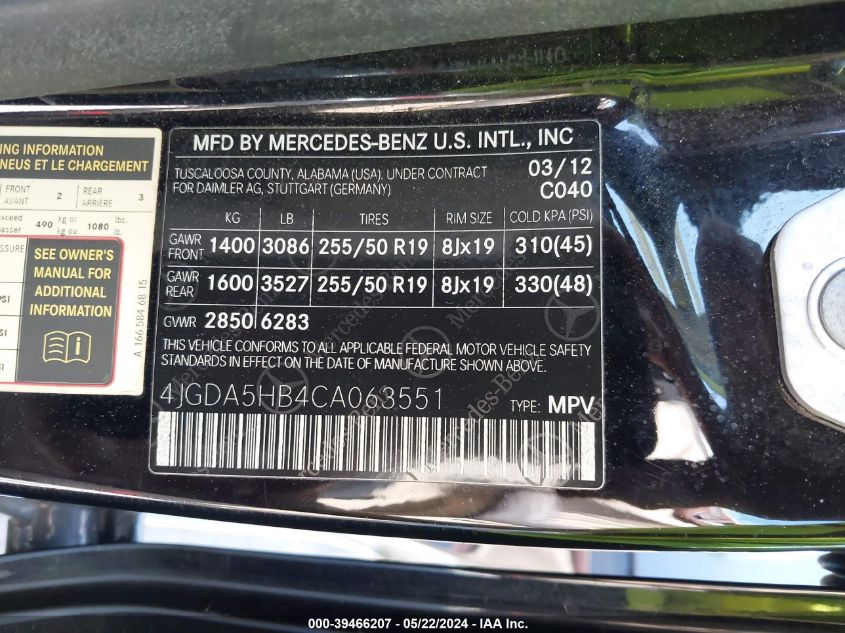 2012 Mercedes-Benz Ml 350 4Matic VIN: 4JGDA5HB4CA063551 Lot: 39466207