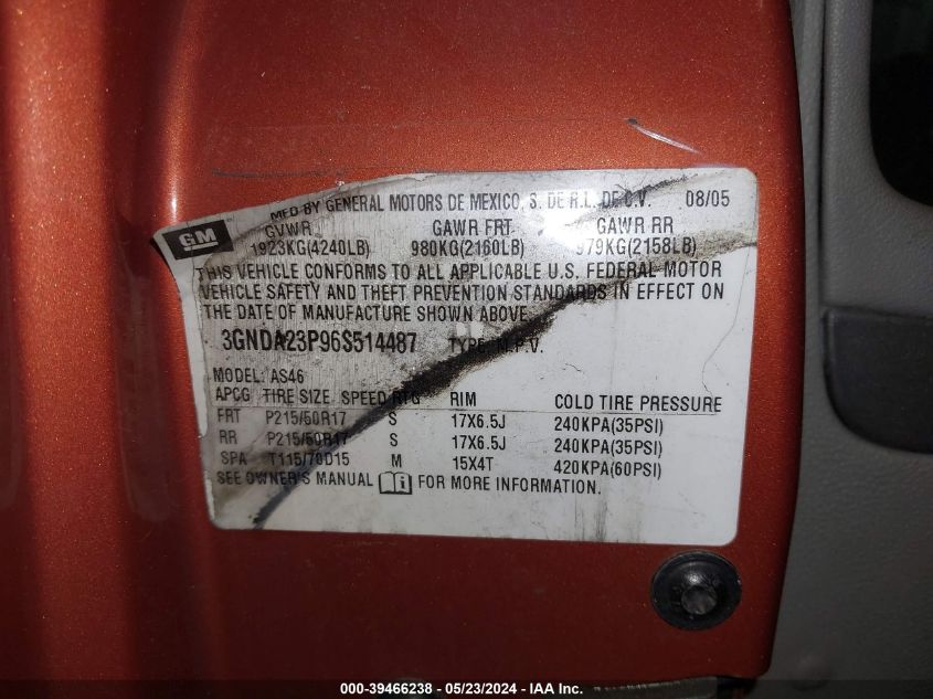 2006 Chevrolet Hhr Lt VIN: 3GNDA23P96S514487 Lot: 39466238