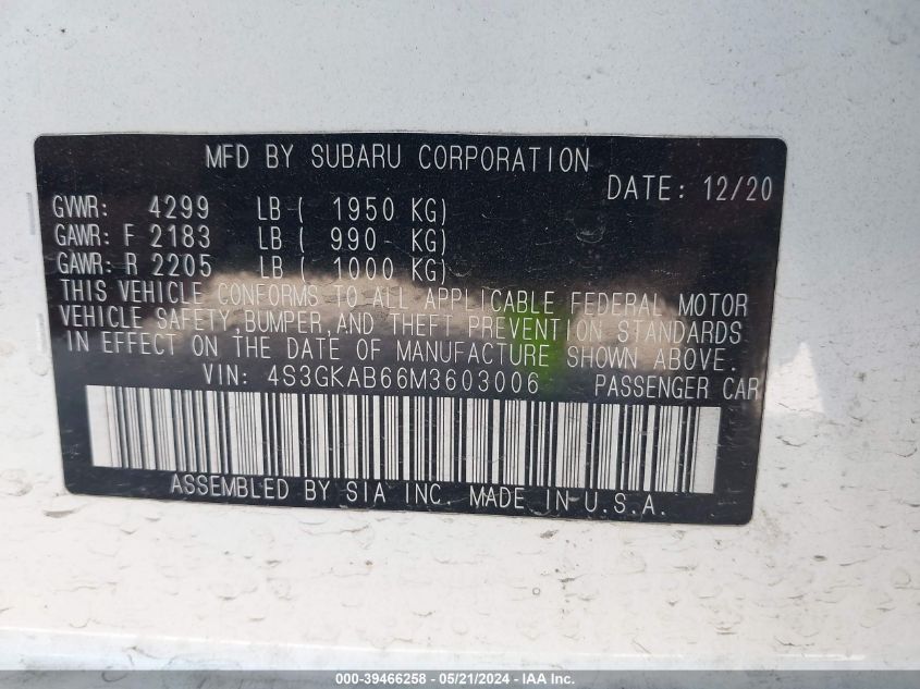 2021 Subaru Impreza Sedan VIN: 4S3GKAB66M3603006 Lot: 39466258