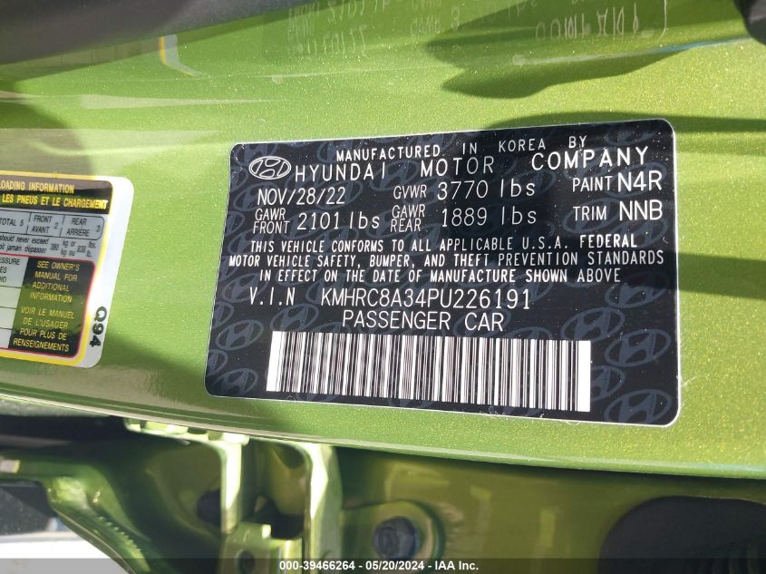 2023 Hyundai Venue Sel VIN: KMHRC8A34PU226191 Lot: 39466264