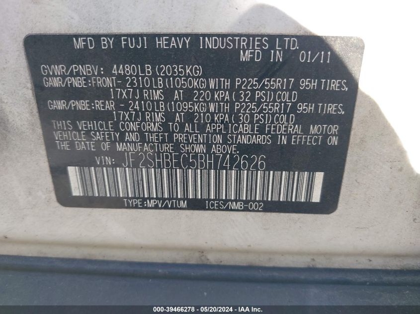 2011 Subaru Forester 2.5X Limited VIN: JF2SHBEC5BH742626 Lot: 39466278