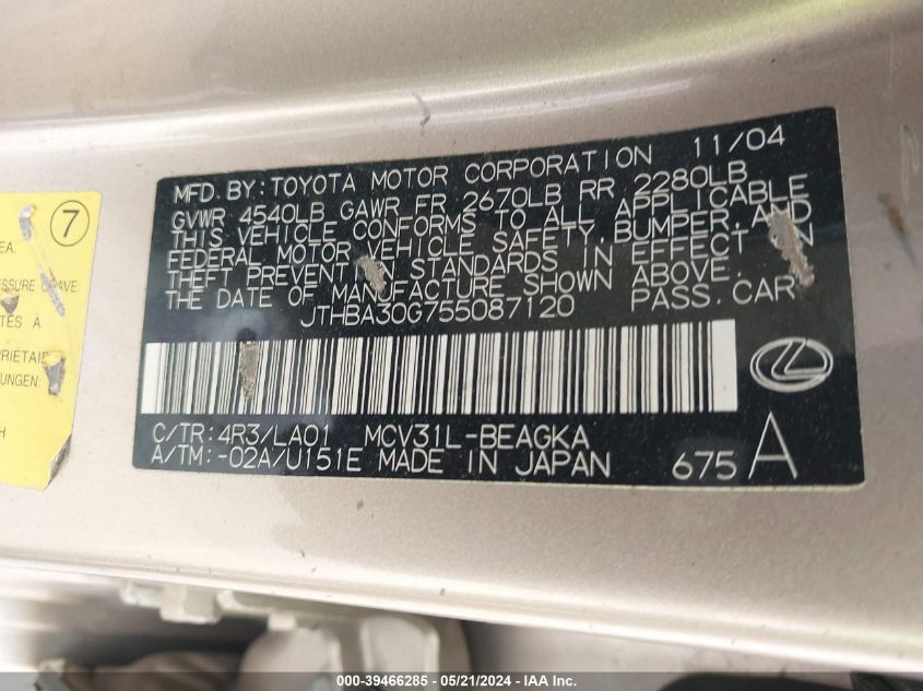 2005 Lexus Es 330 VIN: JTHBA30G755087120 Lot: 39466285