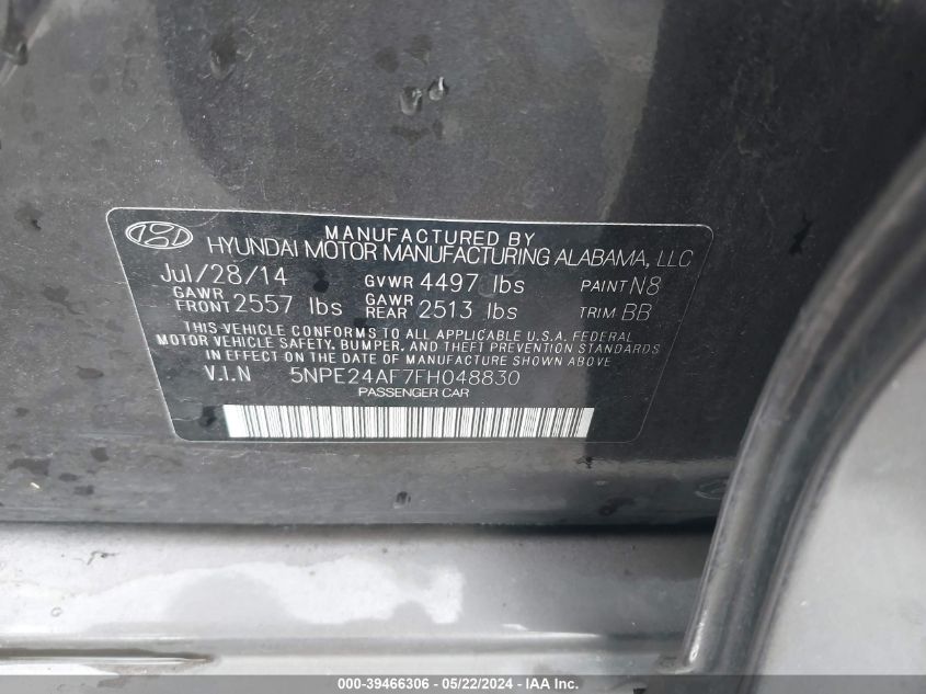 2015 Hyundai Sonata Se VIN: 5NPE24AF7FH048830 Lot: 39466306