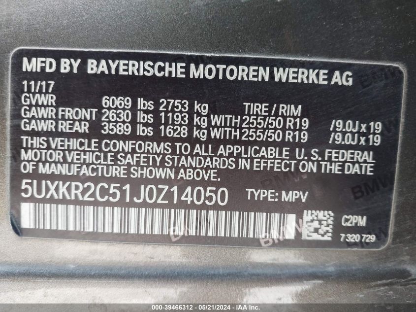 2018 BMW X5 Sdrive35I VIN: 5UXKR2C51J0Z14050 Lot: 39466312