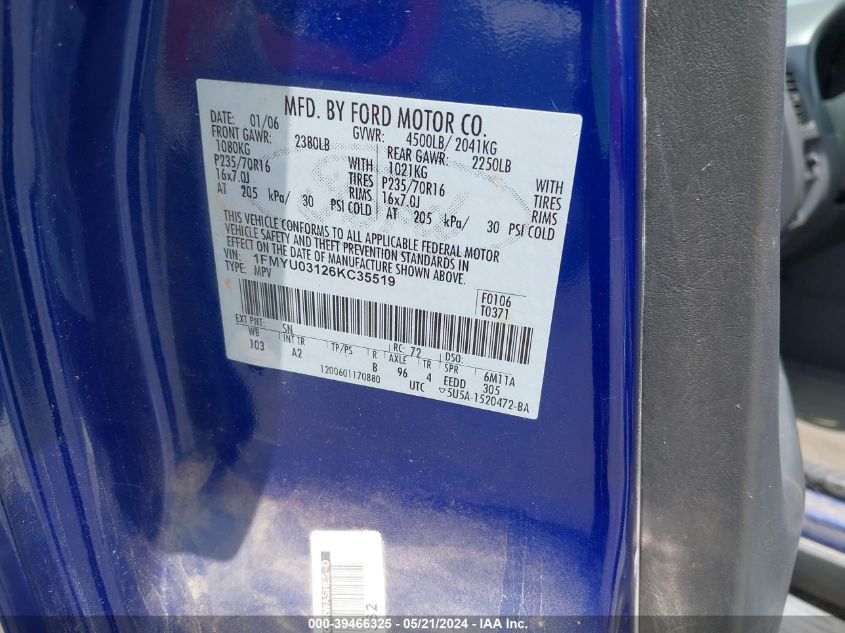 2006 Ford Escape Xlt/Xlt Sport VIN: 1FMYU03126KC35519 Lot: 39466325