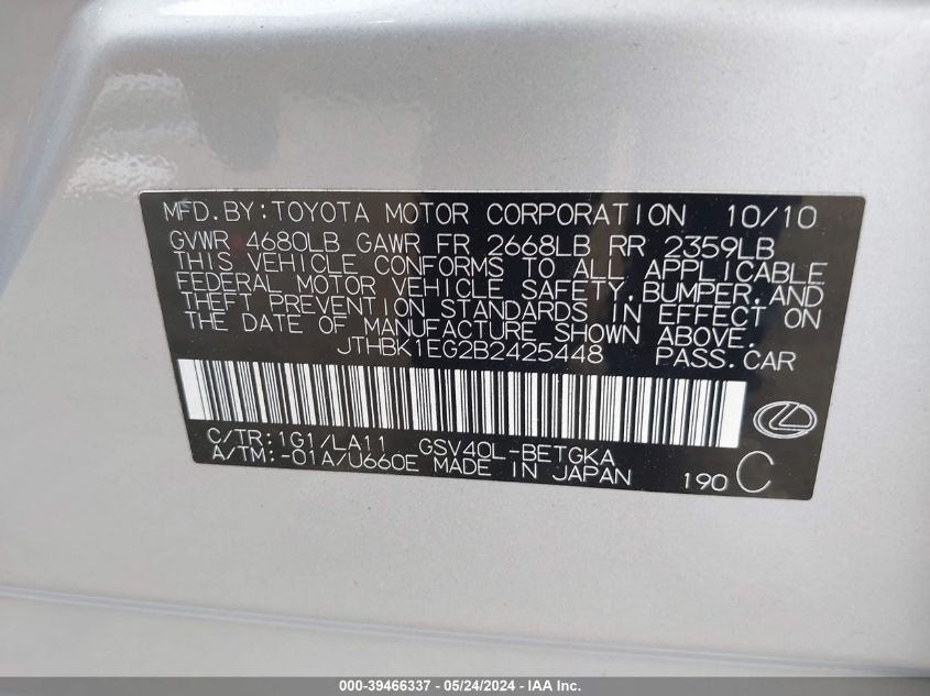 2011 Lexus Es 350 VIN: JTHBK1EG2B2425448 Lot: 39466337