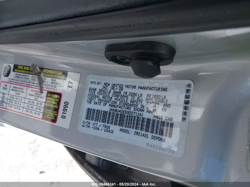 2009 Toyota Corolla Le VIN: 1NXBU40E69Z071141 Lot: 39466341