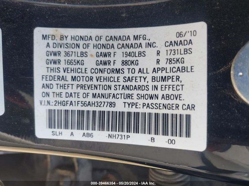 2010 Honda Civic Lx VIN: 2HGFA1F56AH327789 Lot: 39466354