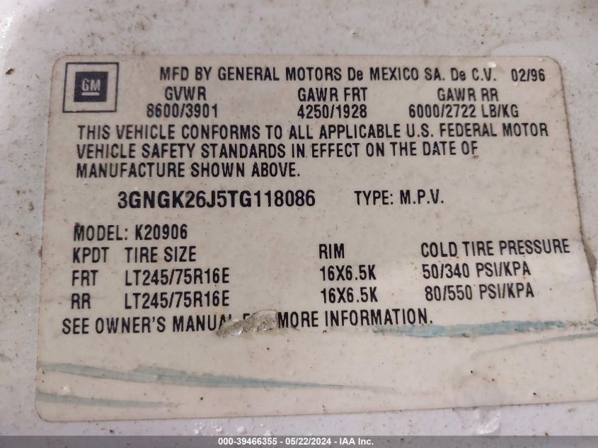 1996 Chevrolet Suburban K2500 VIN: 3GNGK26J5TG118086 Lot: 39466355