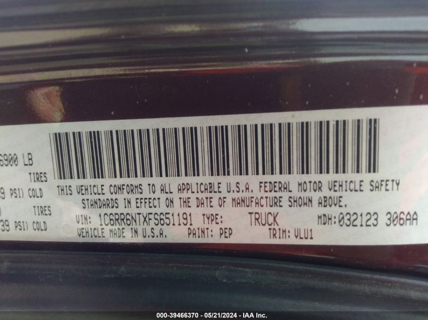2015 Ram 1500 Laramie VIN: 1C6RR6NTXFS651191 Lot: 39466370