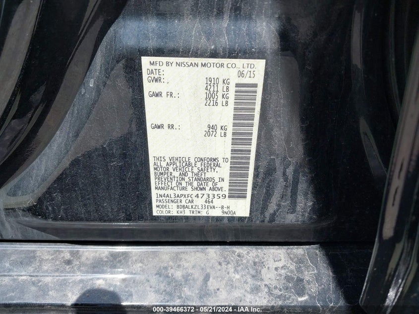 2015 Nissan Altima 2.5 Sv VIN: 1N4AL3APXFC473359 Lot: 39466372