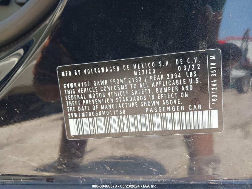 2022 Volkswagen Jetta 1.5T Se VIN: 3VW7M7BU9NM011558 Lot: 39466379