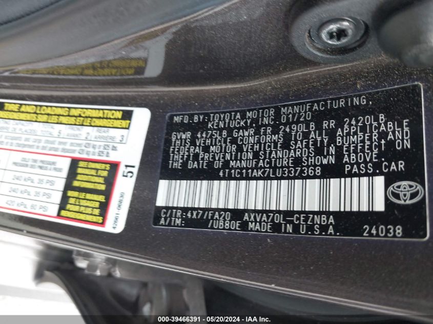 2020 Toyota Camry Le VIN: 4T1C11AK7LU337368 Lot: 39466391