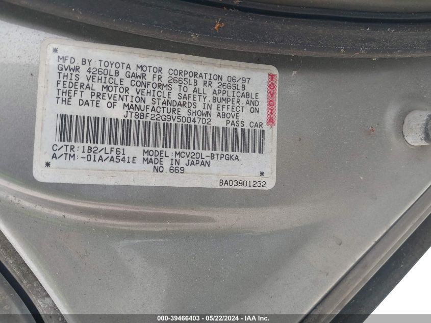 1997 Lexus Es 300 VIN: JT8BF22G9V5004702 Lot: 39466403