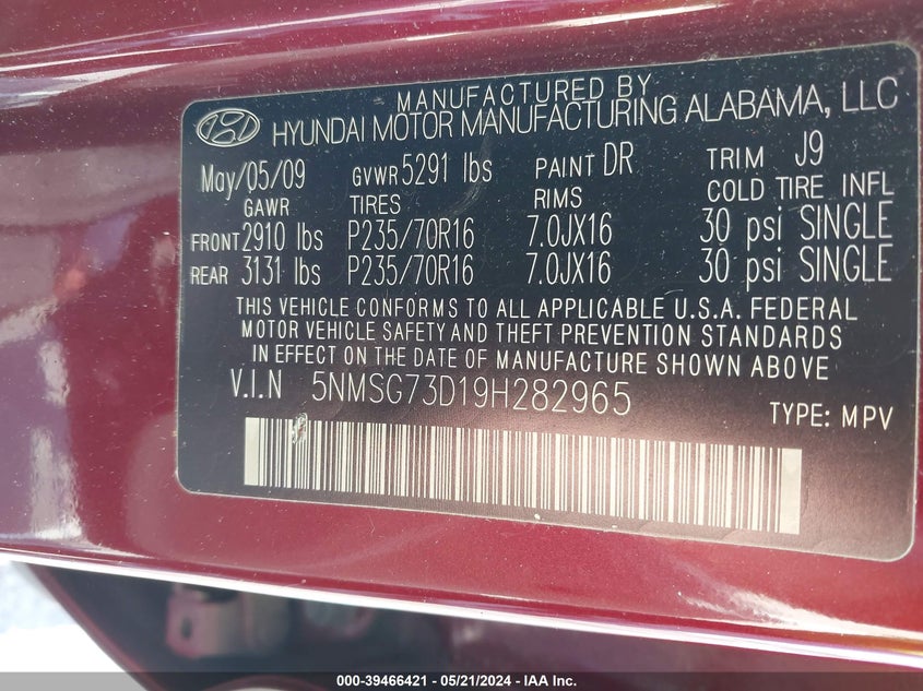 2009 Hyundai Santa Fe Gls VIN: 5NMSG73D19H282965 Lot: 39466421