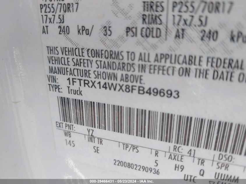 FORD F150 2008 VIN 1FTRX14WX8FB49693