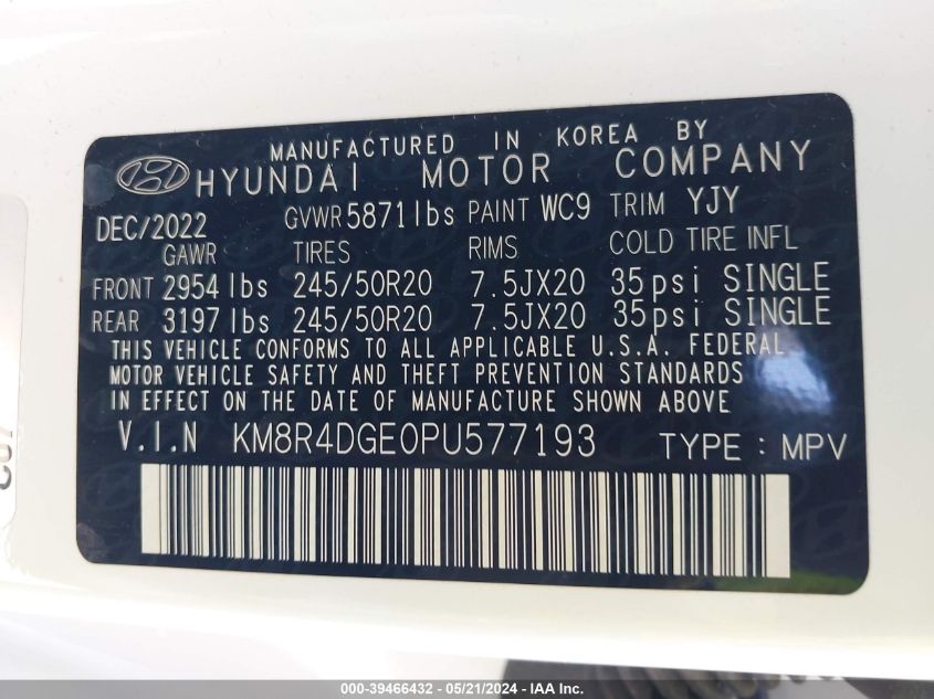 2023 Hyundai Palisade Sel VIN: KM8R4DGE0PU577193 Lot: 39466432