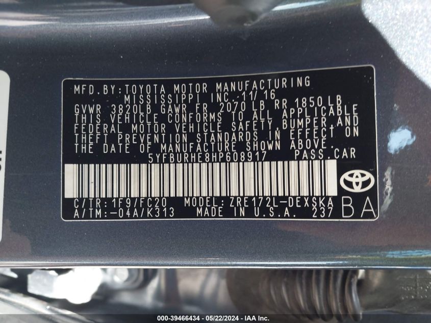 2017 Toyota Corolla Se VIN: 5YFBURHE8HP608917 Lot: 39466434