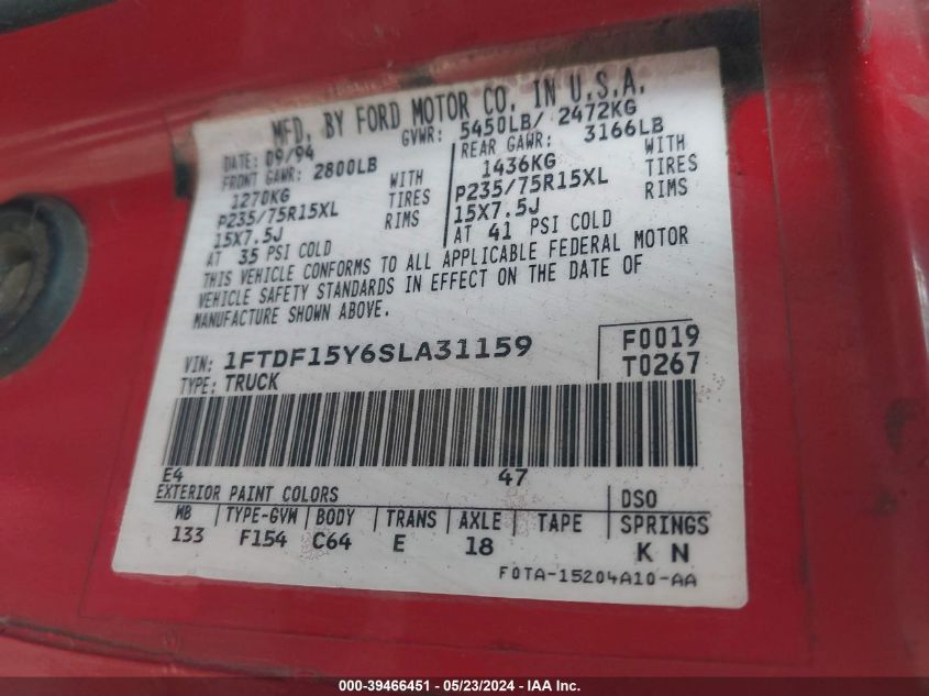 1995 Ford F150 VIN: 1FTDF15Y6SLA31159 Lot: 39466451